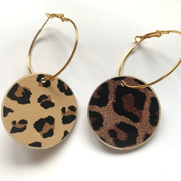 Leopard Animal Print Double Sided Hoop Earrings Paper Wood Lightweight Handmade