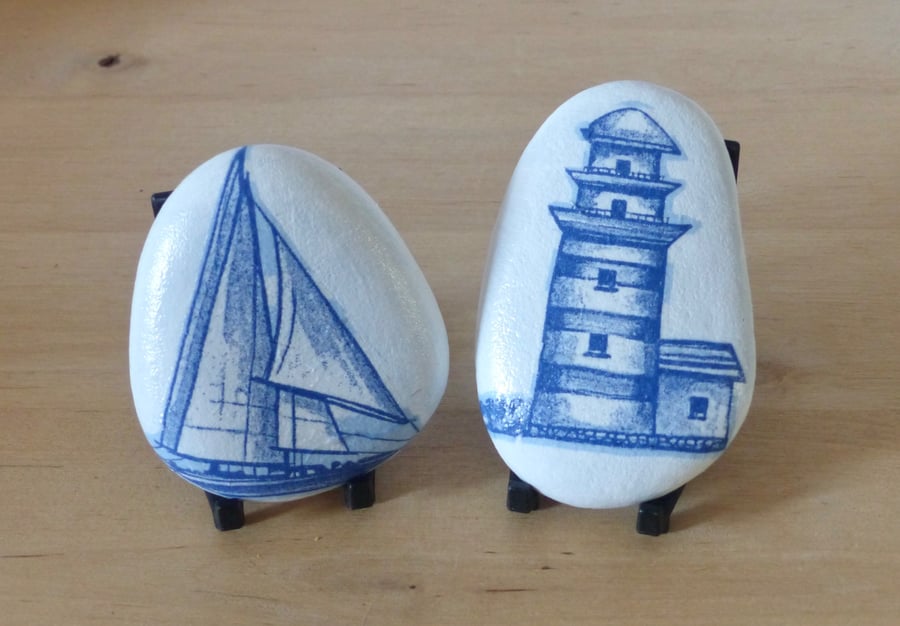 Decoupaged ' Coastal' Pebbles