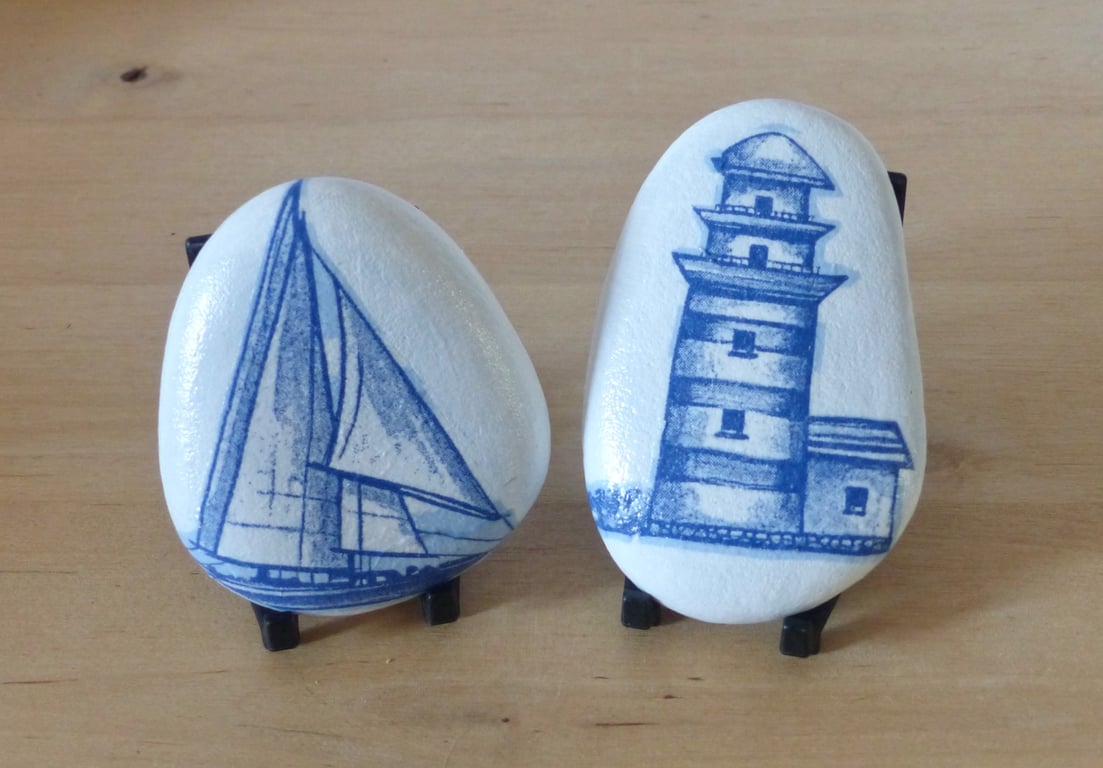 Decoupaged ' Coastal' Pebbles