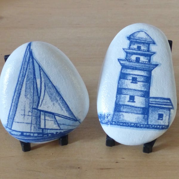 Decoupaged ' Coastal' Pebbles