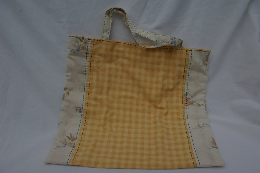 Tote bag hand sewn orange check and cream floral
