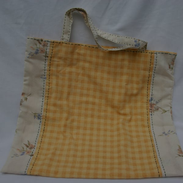 Tote bag hand sewn orange check and cream floral
