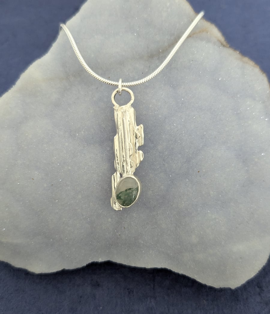 Textured Sterling Silver Moss Agate Pendant on a Silver Necklace