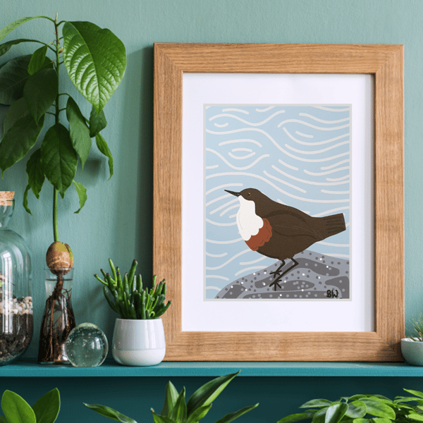 Dipper bird art print - A5 size