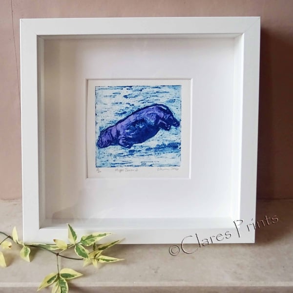 Purple Hippo Swim 2 Art Original Collagraph Print Animal