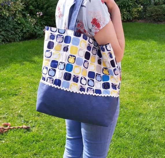 yellow cotton and denim shoulder bag, denim blue, apple fabric