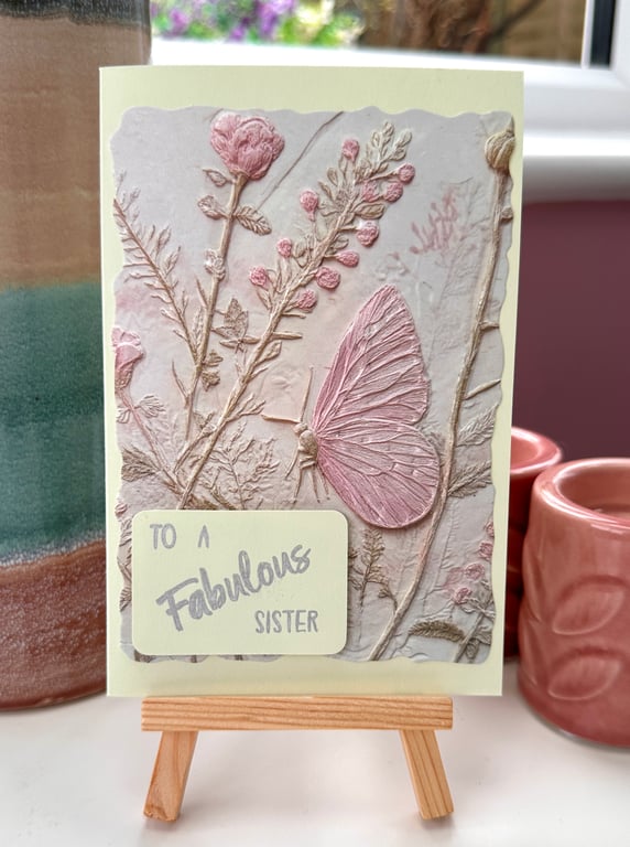 Happy birthday fabulous sister card, pastel green, embossed, floral,  butterfly 