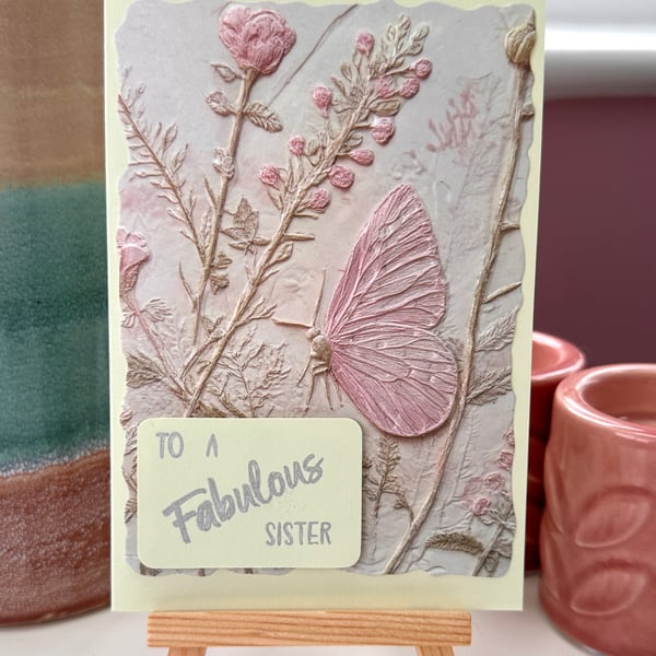 Happy birthday fabulous sister card, pastel green, embossed, floral,  butterfly 