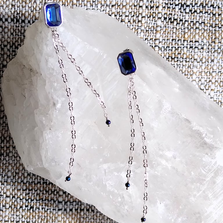 Long 925 Sterling Silver Chain Earrings With Royal Blue Swarovski Crystal