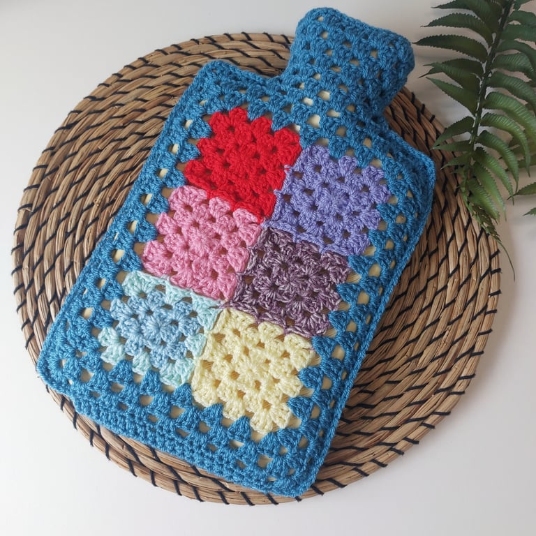  Crochet Hot Water Bottle Cover Cornish Blue Patchwork