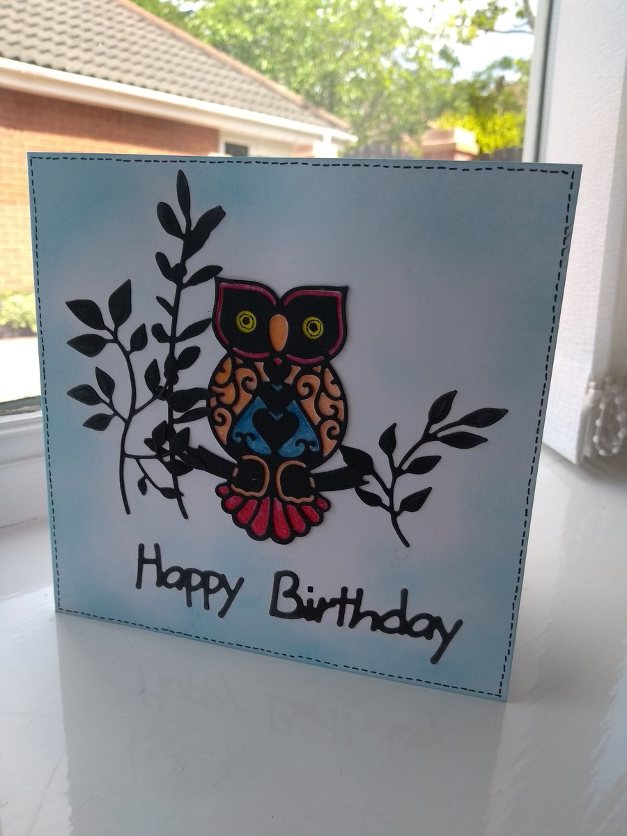 Stained glass effect owl birthday card