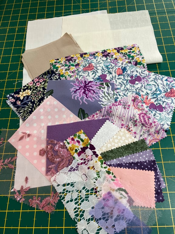 Slow Stitching kit, mix textiles, fabric and trims, Purples