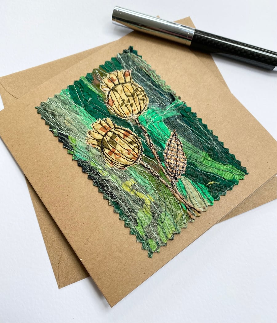 Up-cycled embroidered dried poppy head garden card. 