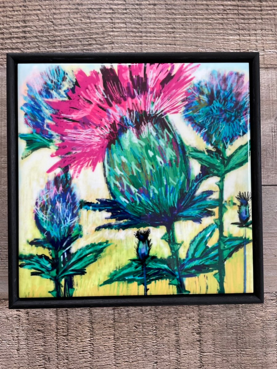 Botanical Framed Thistle Art Ceramic Tile