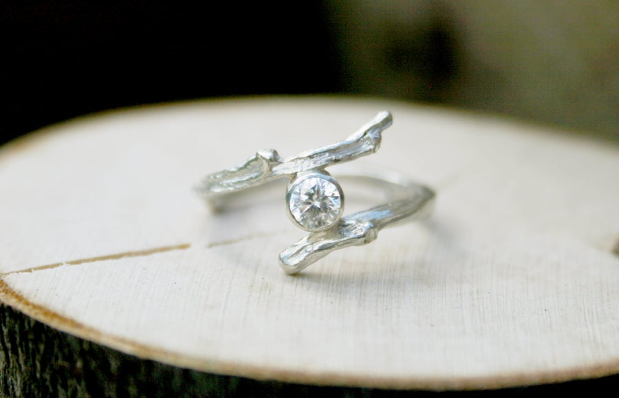 Handmade Silver Branch Ring with Cubic Zirconia
