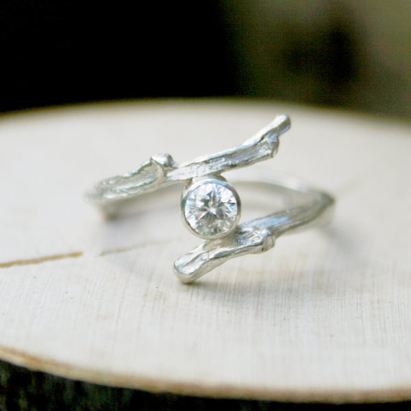 Handmade Silver Branch Ring with Cubic Zirconia