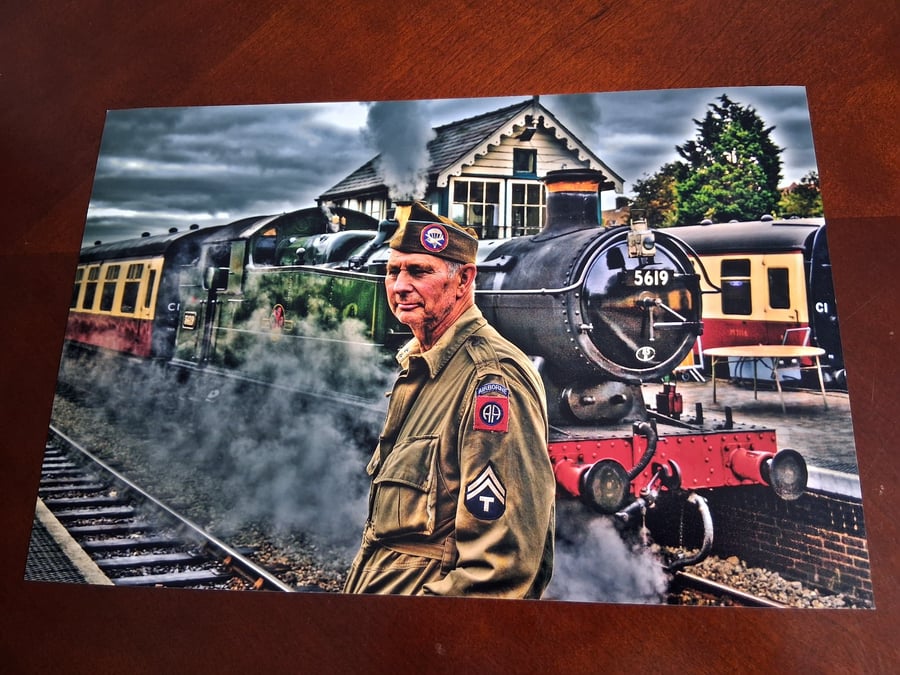 STEAM TRAIN & SOLDIER PHOTOGRAPH - 12x8