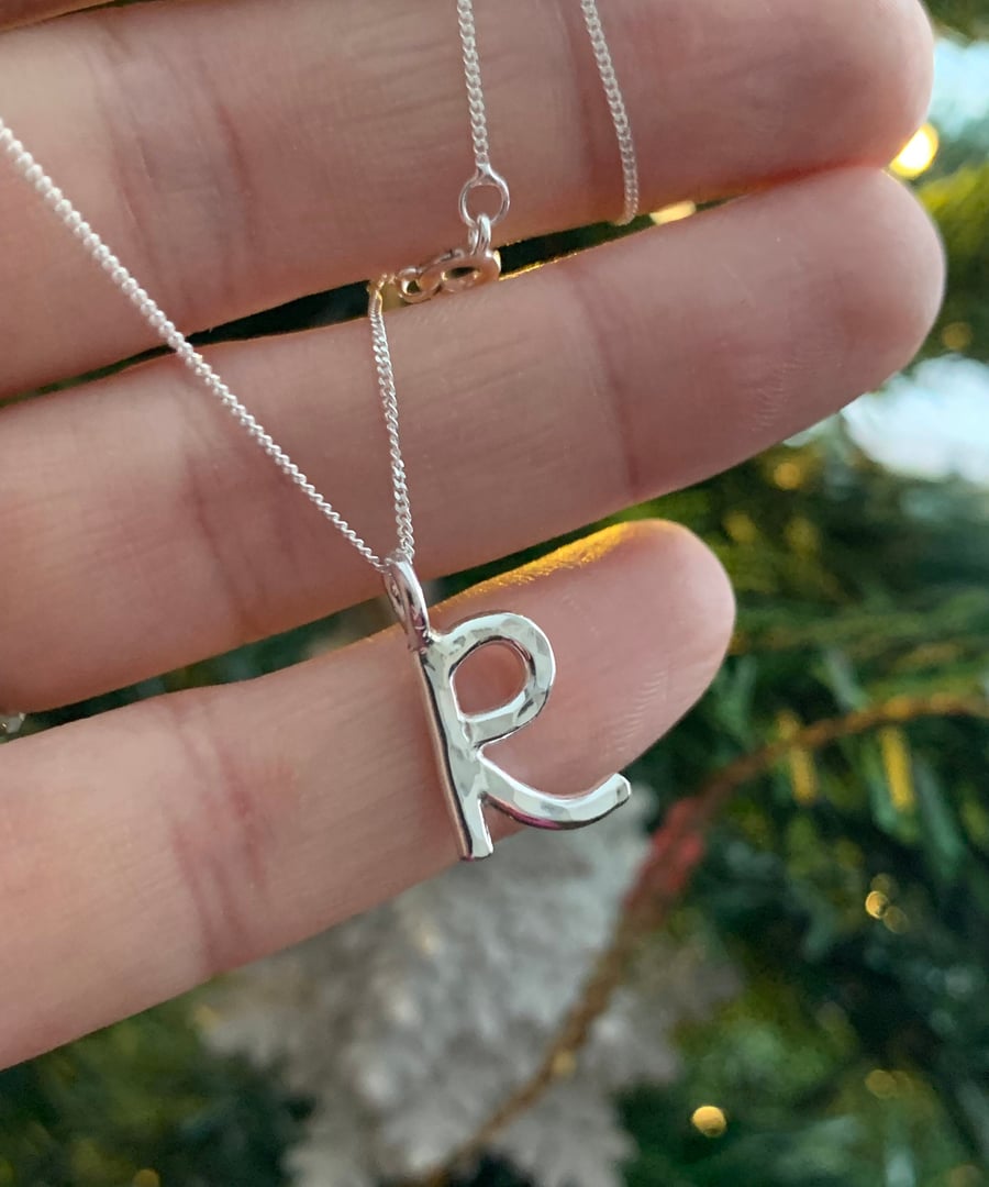 Silver Letter R Necklace - R Initial - Small Handmade Hammered Initial - Sparkly
