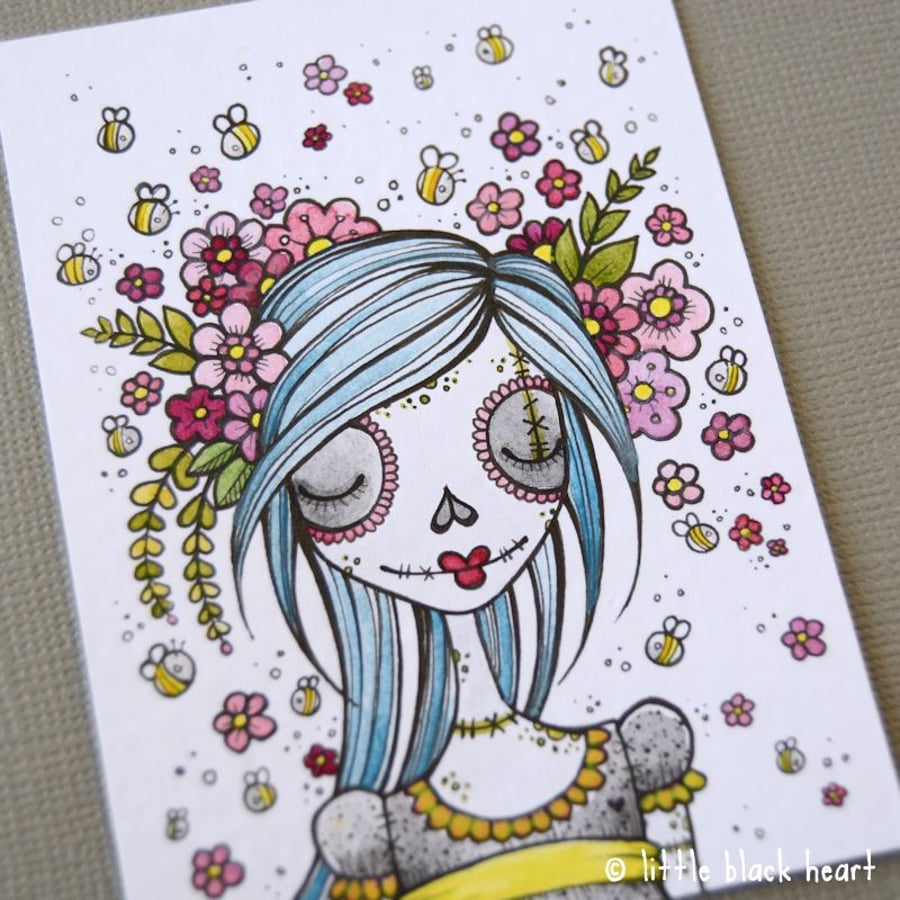 zombie gal with bees in her bonnet - original aceo