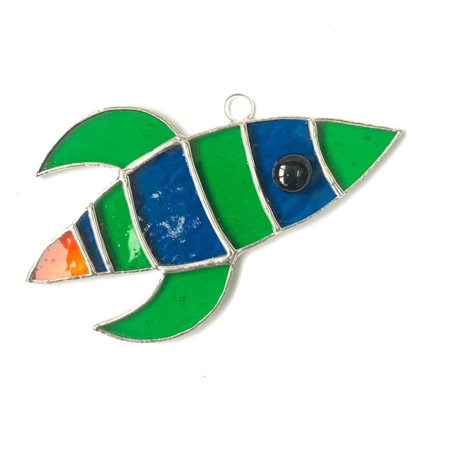 Stained Glass Rocket Suncatcher - Handmade Hanging Decoration  - Blue and Green