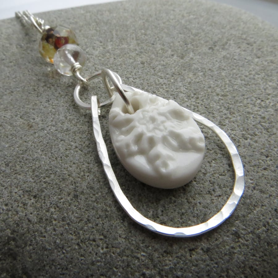 Snowflake Necklace, Winter Jewellery, Silver and White Pendant