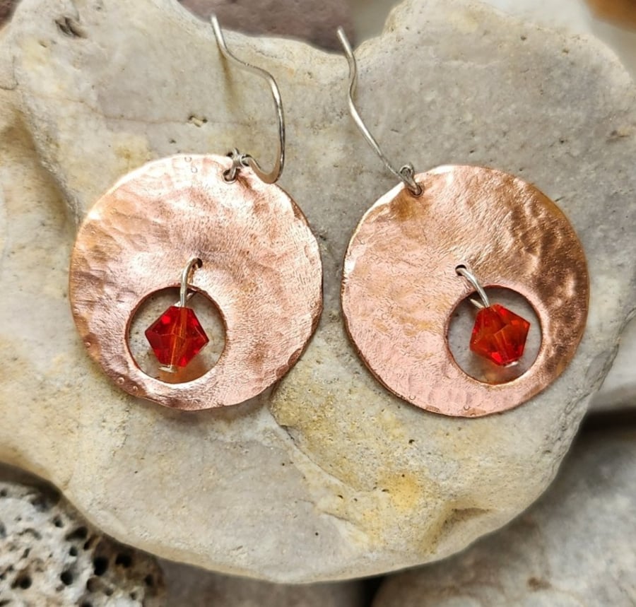 Circle earrings in copper with crystal bead