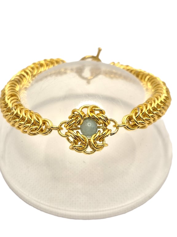 Gold plated chainmaille bracelet with green agate bead centre