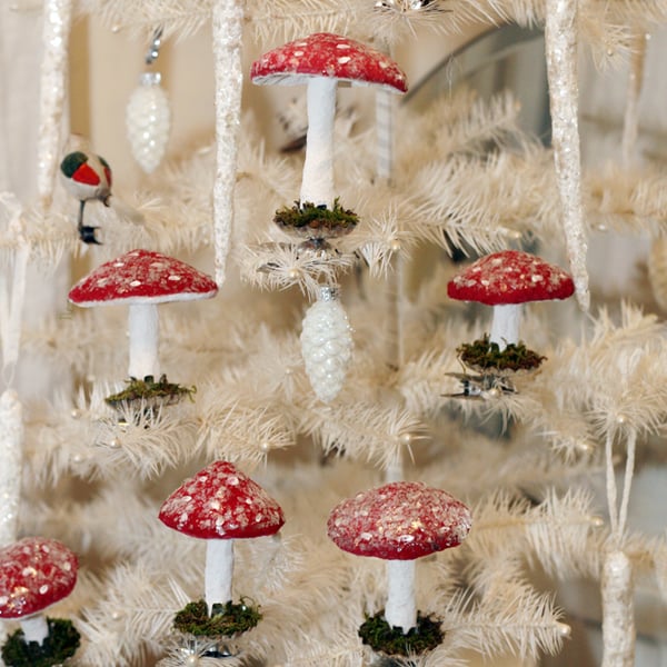 Adorable spun cotton clip on mushrooms toadstools set of two