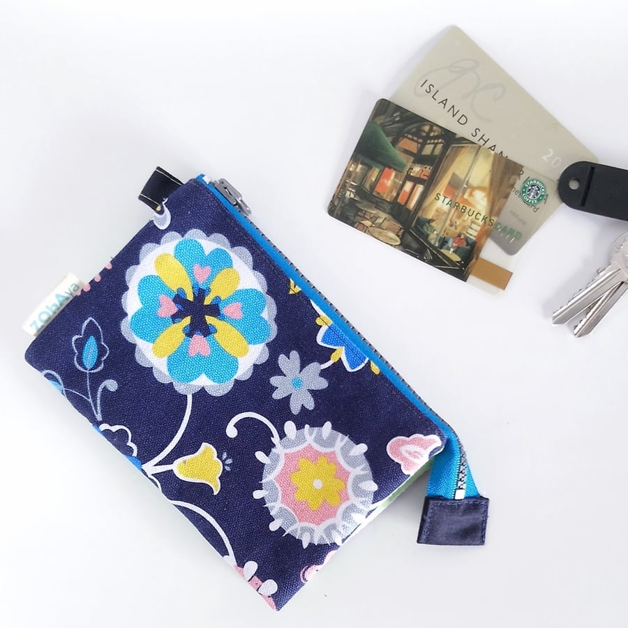 3-Pocket Pouch (Dark Blue with Flowers)