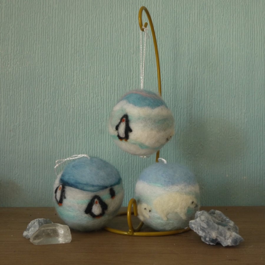 Set of 3 Arctic Animals needle felted christmas baubels