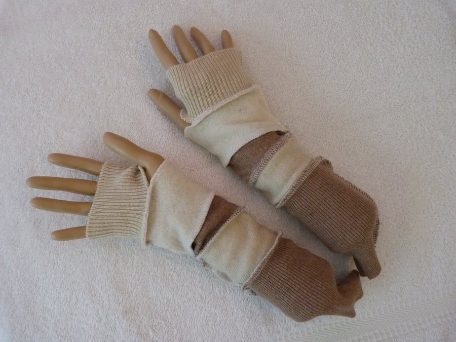 Fingerless Gloves Arm-warmers created from Up-cycled Sweaters.Beige Cream
