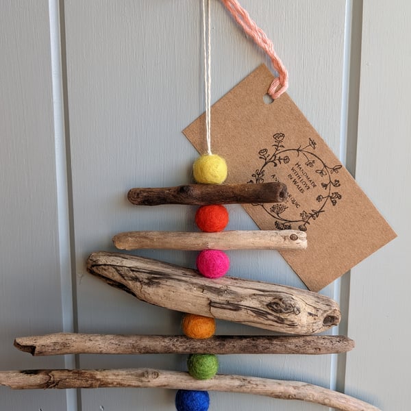  Rainbow Driftwood and Felt Hanging Tree Decoration