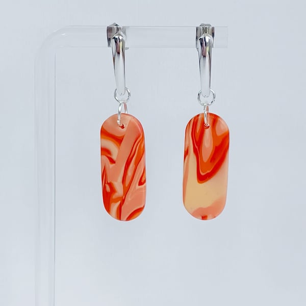 Unique oblong orange marble effect dangle polymer clay earrings