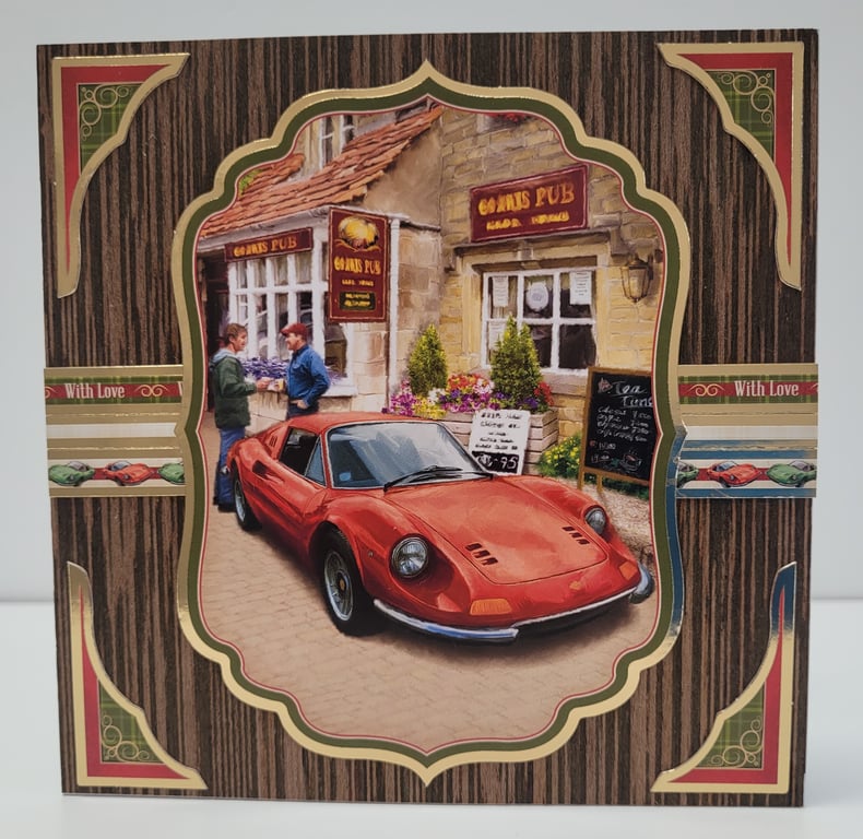For a Classic Guy Handmade Birthday Card - Red Sports Car Pub Scene Wood Veneer