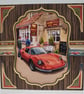 For a Classic Guy Handmade Birthday Card - Red Sports Car Pub Scene Wood Veneer - Image 1