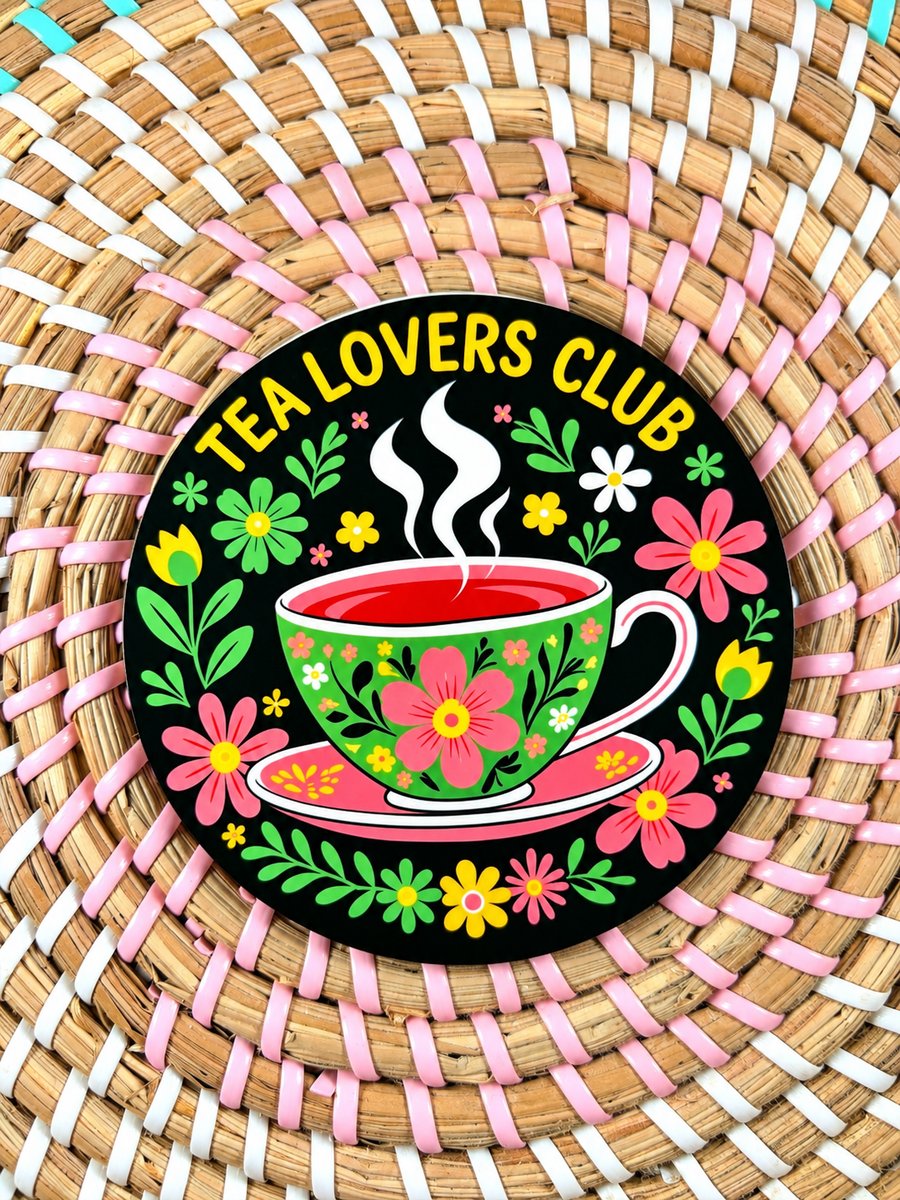 Tea Lovers Club Wooden Coaster – Floral Tea Cup Design – Handmade Kitchen Gift