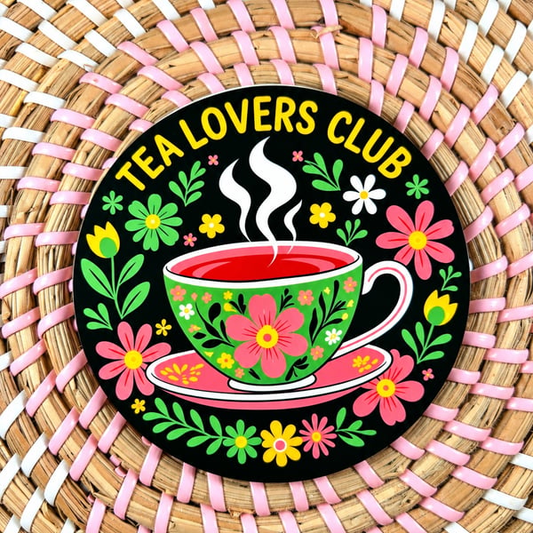 Tea Lovers Club Wooden Coaster – Floral Tea Cup Design – Handmade Kitchen Gift