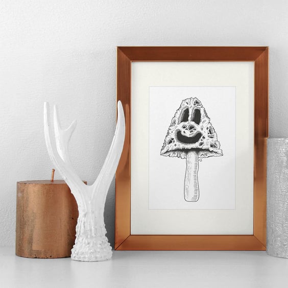 Cute Mushroom Illustration Black & White Hand-Drawn A5 Nature Wall Art