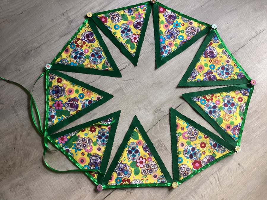 Funky floral skull bunting, gothic bunting, green & yellow skull bunting, 