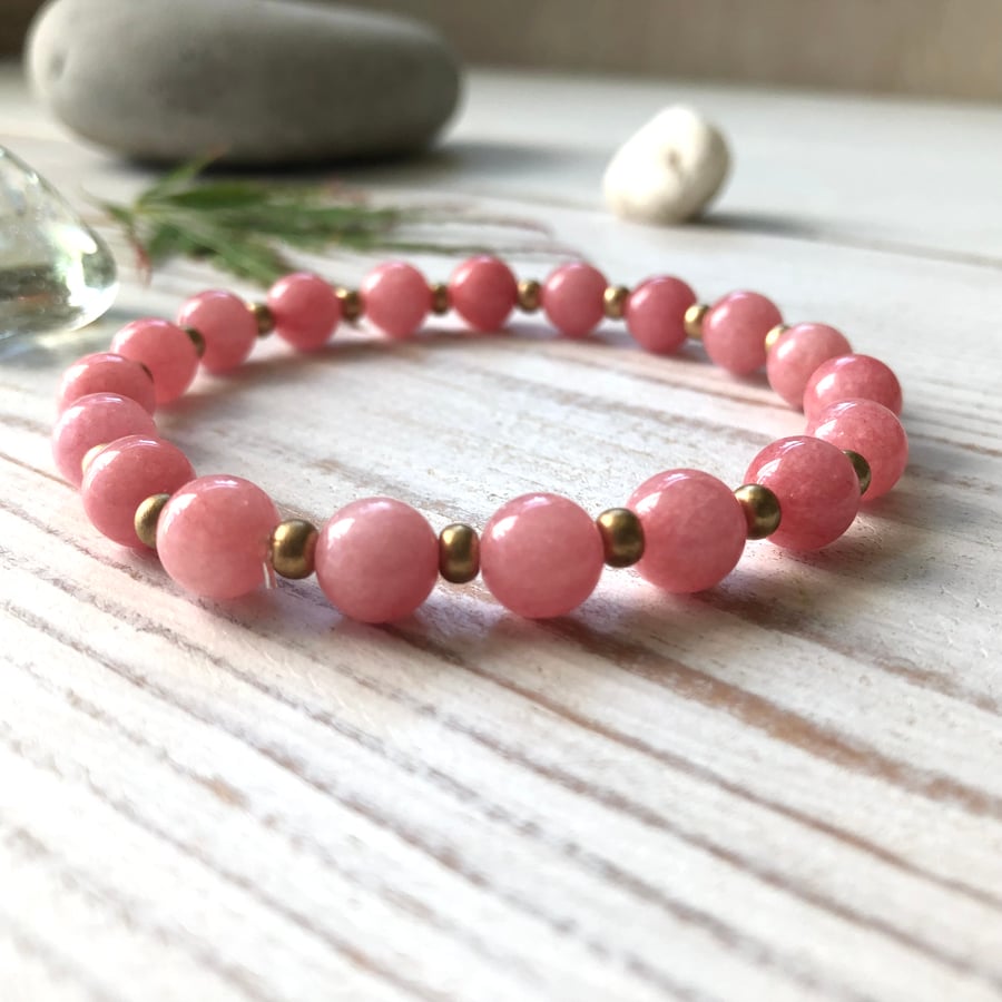 Pink Rhodochrosite Gemstone & Gold Seed Bead Stretch Beaded Bracelet