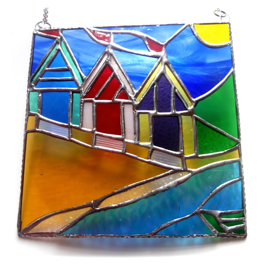 Sold 231209 Beach Hut Picture Stained Glass By the Sea Suncatcher Handmade 018