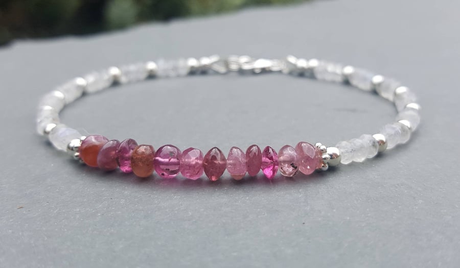 Dainty Pink Tourmaline and Moonstone Beaded Bracelet. Sterling Silver Stacking B