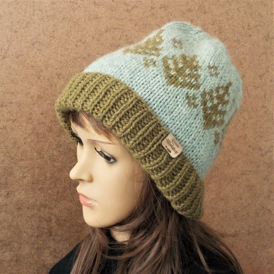 Knitted hat wool beanie Fairisle trees green on grey sustainable gift
