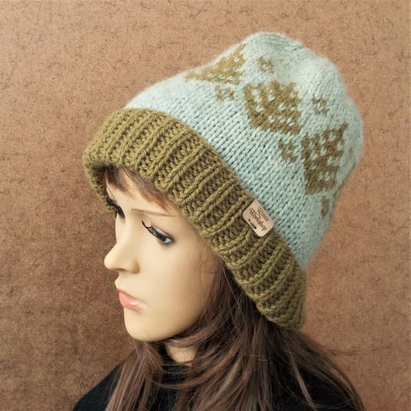 Chunky knitted hat wool beanie Fairisle trees green on grey sustainable gift