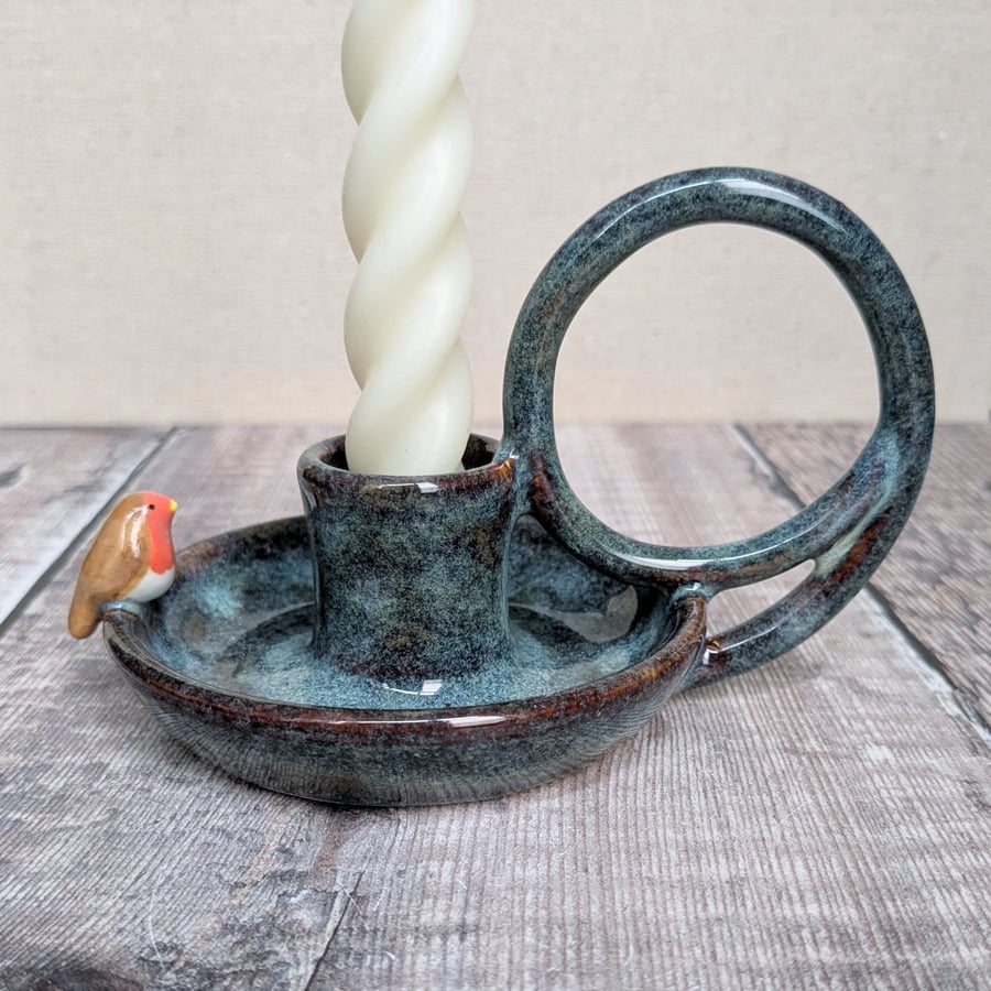 Perfectly imperfect Ceramic taper candle holder with robin