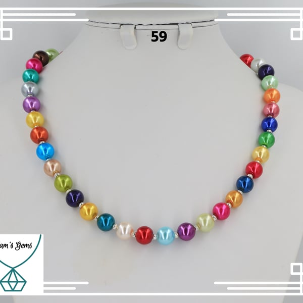 Multicoloured glass pearl 10mm bead necklace 19" plus 2" extender chain