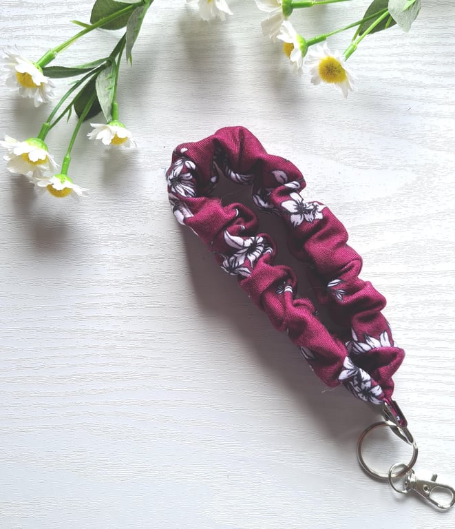 Maroon Floral Scrunchie Wristlet Keychain Soft Fabric Key Fob