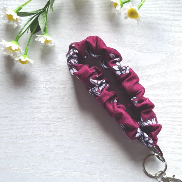 Maroon Floral Scrunchie Wristlet Keychain Soft Fabric Key Fob