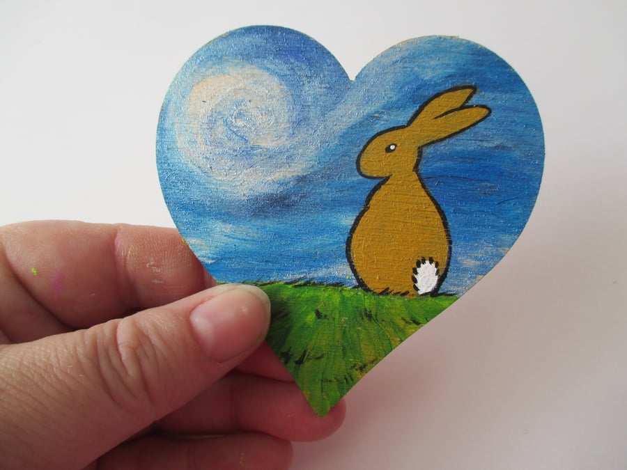 Bunny Rabbit Wooden Love Heart Fridge Magnet Hand Painted Brown Rabbit