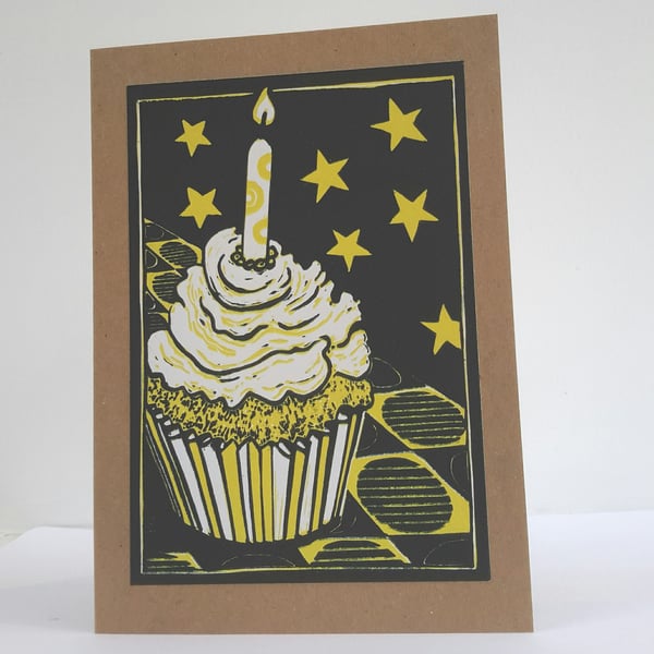 Cupcake greetings  birthday card original linocut